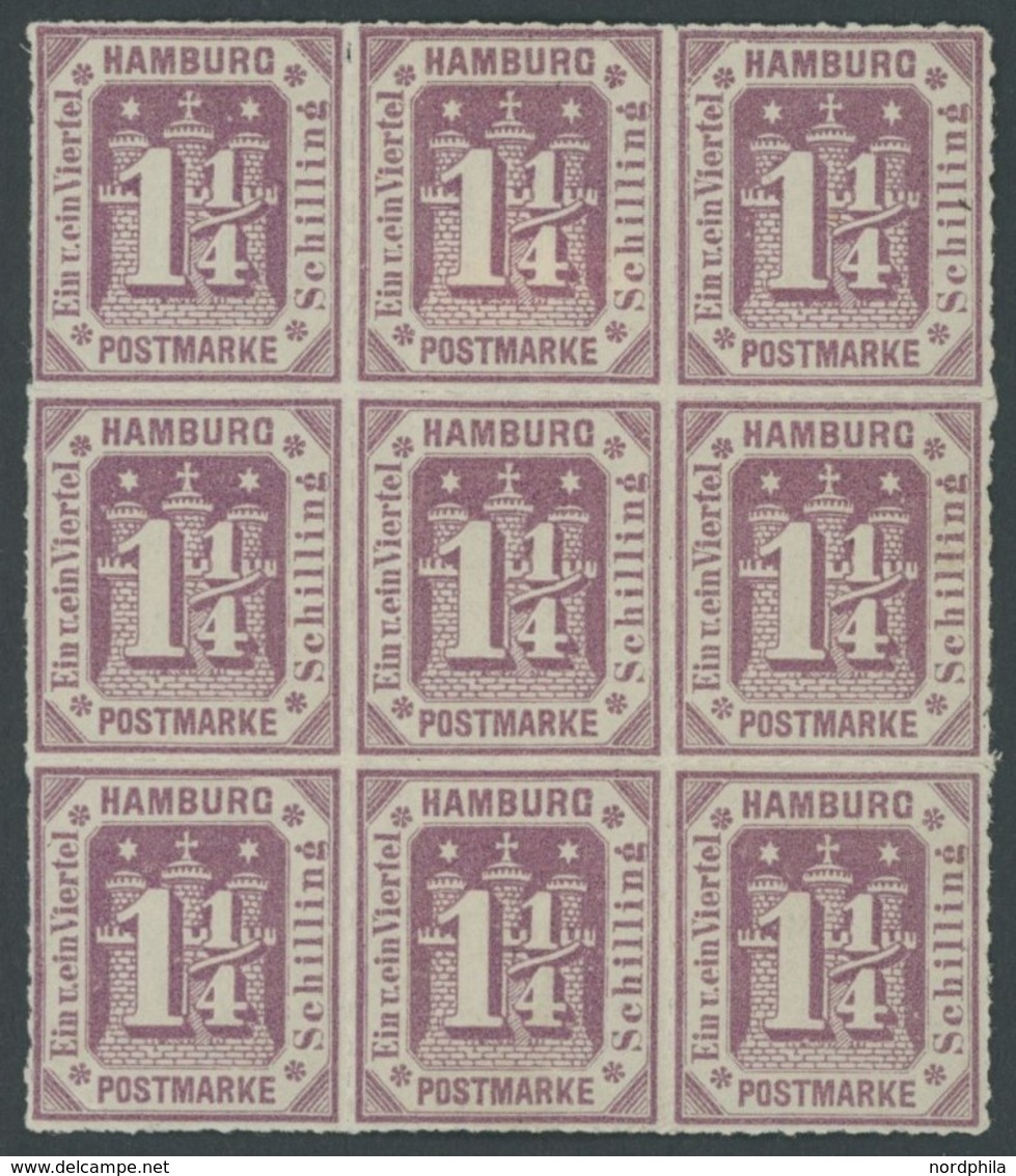 HAMBURG 20b **,* , 1866, 11/4 S. Graupurpur Im Neunerblock, 2 Werte Falzreste, 5 Marken Postfrisch, Ein Wert Eckbug Sons - Hambourg