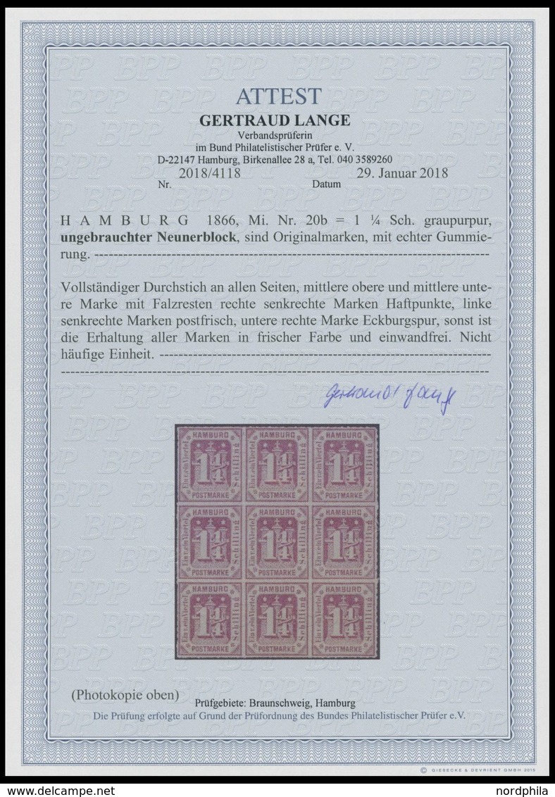 HAMBURG 20b **,* , 1866, 11/4 S. Graupurpur Im Neunerblock, 2 Werte Falzreste, 5 Marken Postfrisch, Ein Wert Eckbug Sons - Hambourg