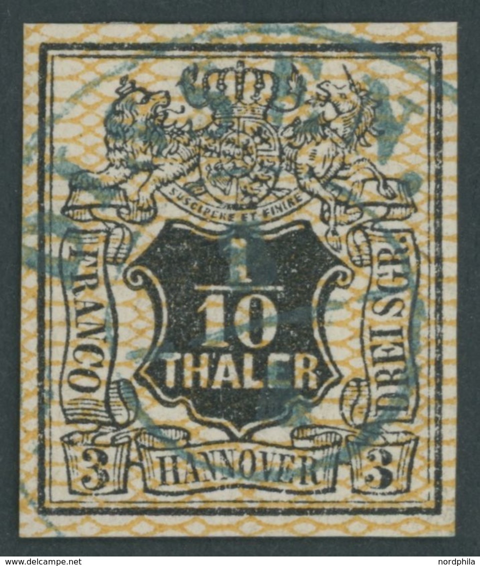 HANNOVER 12 O, 1856, 1/10 Th. Schwarz/orangegelb, Zentrischer Blauer Stempel DISSEN, Pracht - Hannover