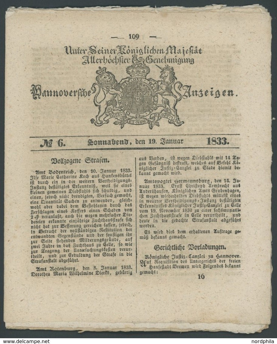 HANNOVER 1833, Hannoversche Anzeigen: Ausgabe No. 6 Vom 19. Januar Mit Anzeigen Aus Allen Lebensbereichen, Pracht - Hanover