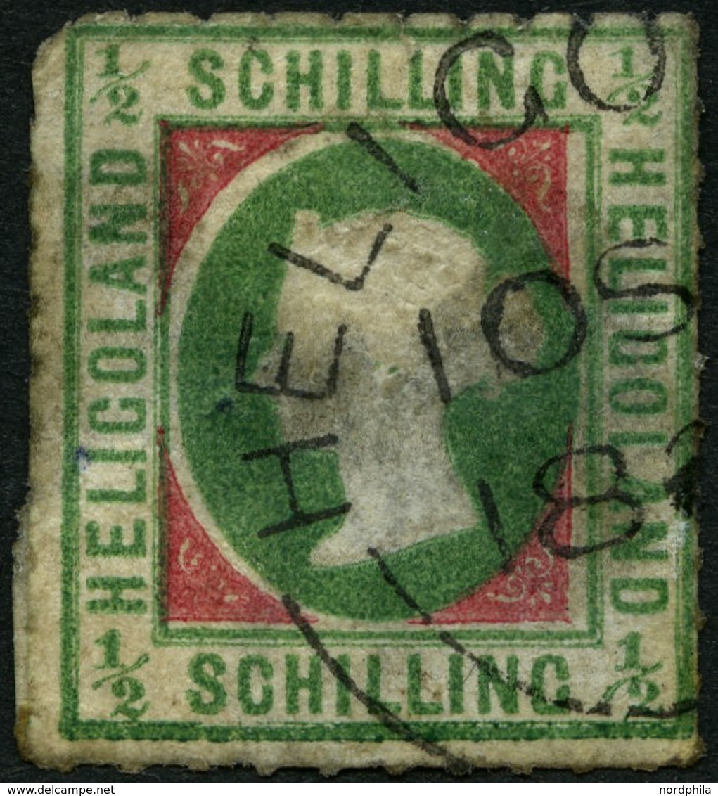 HELGOLAND 1II O, 1867, 1/2 S. Bläulichgrün/rötlichkarmin, Type II, Rundstempel, Starke Mängel, Fein, Gepr. Schulz, Mi. 2 - Héligoland