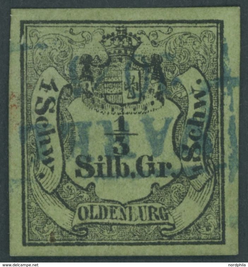OLDENBURG 1 O, 1855, 1/3 Sgr. Schwarz Auf Grünoliv, Blauer R2 VAREL, Allseits Breitrandig, Farbfrisches Kabinettstück, S - Oldenburg