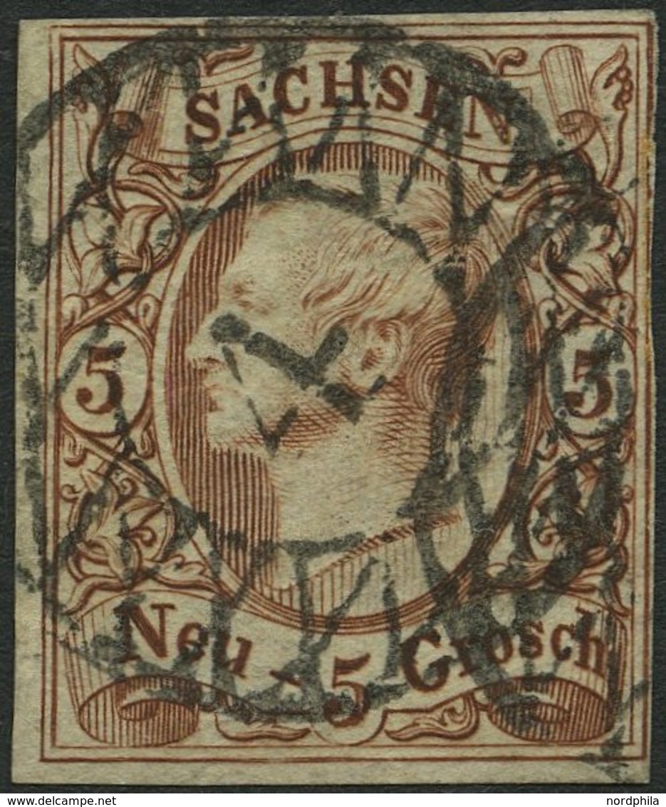 SACHSEN 12e O, 1857, 5 Ngr. Rostbraun, Nummernstempel 4, Rechts Minimal Berührt Sonst Pracht, Gepr. Rismondo, Mi. 220.- - Sachsen