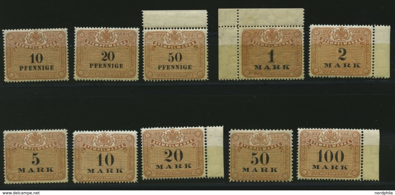 SACHSEN **, 1910, 10 Pf. - 100 Mk. Stempelmarken, Wz. Treppen, 10 Werte Postfrisch, Pracht - Saxe