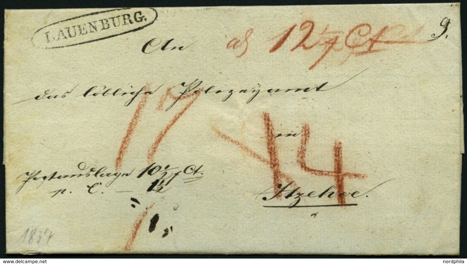 SCHLESWIG-HOLSTEIN LAUENBURG, Ovalstempel Auf Postauslagen-Briefhülle (1837) An Das Polizeiamt Nach Itzehoe, Diverse Röt - Schleswig-Holstein