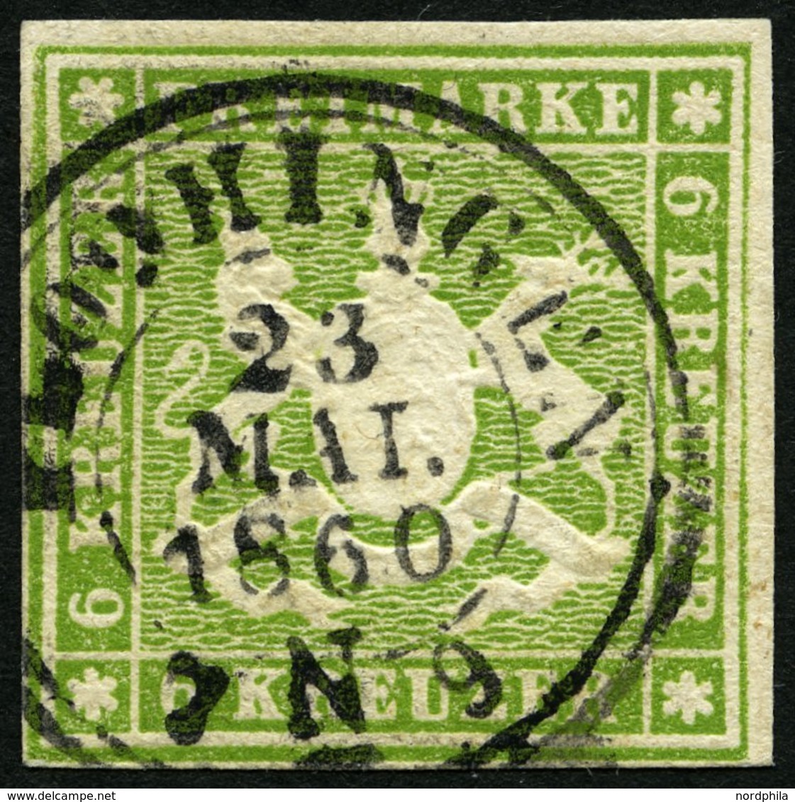 WÜRTTEMBERG 13a O, 1860, 6 Kr. Grün, Pracht, Mi. 140.- - Sonstige & Ohne Zuordnung