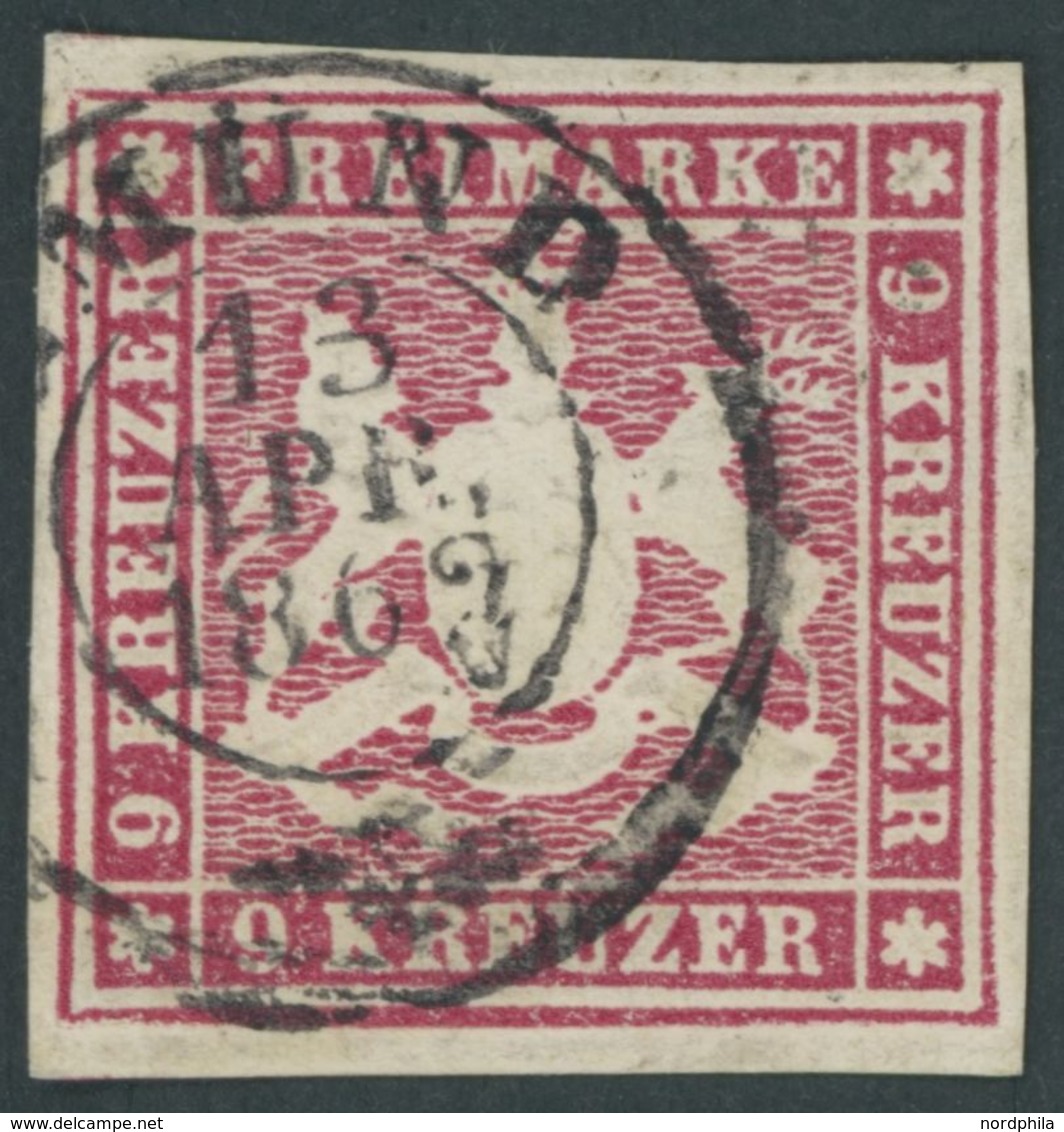 WÜRTTEMBERG 14a O, 1859, 9 Kr. Hellkarmin, K2 GMÜND, Kabinett, Mi. (100.-) - Sonstige & Ohne Zuordnung