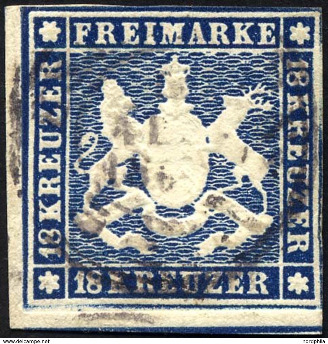 WÜRTTEMBERG 15 O, 1860, 18 Kr. Dunkelblau, Zweiseitig Berührt Sonst Farbfrisches Prachtstück, Mi. 1500.- - Altri & Non Classificati