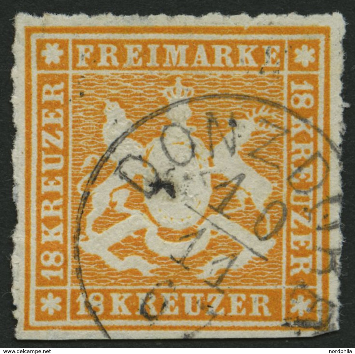 WÜRTTEMBERG 34 O, 1867, 18 Kr. Orangegelb, K1 DONZDORF, Unten Scherentrennung, Feinst, Mi. 1000.- - Sonstige & Ohne Zuordnung