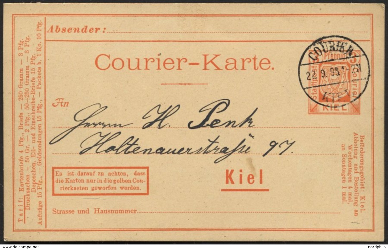 KIEL A P 18 BRIEF, COURIER: 1898, 3 Pf. Orangerot, Depeschen, Mit Datumsbrückenstempel COURIER KIEL Auf Prachtkarte - Privatpost