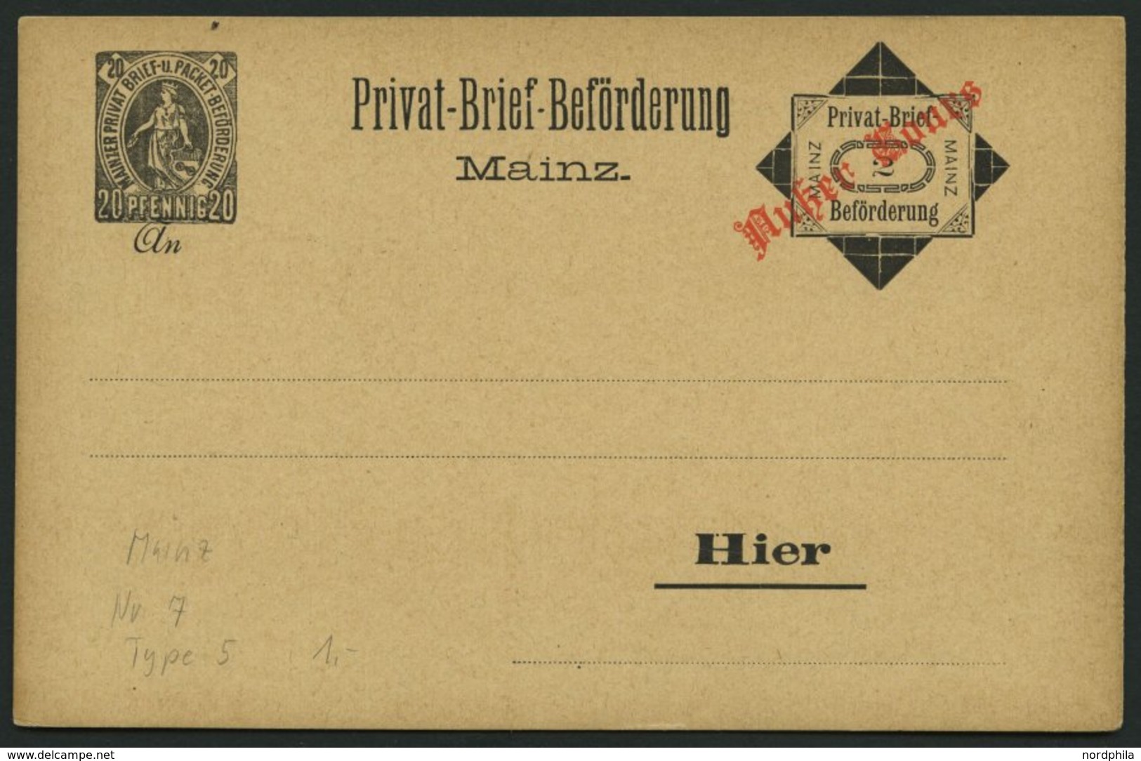 MAINZ C P BRIEF, 1887, 20 Pf. + 2 Pf. Schwarz Ganzsachenkarte Mit Aufdruck Außer Cours, Ungebraucht, Rückseitig Beschrie - Privatpost