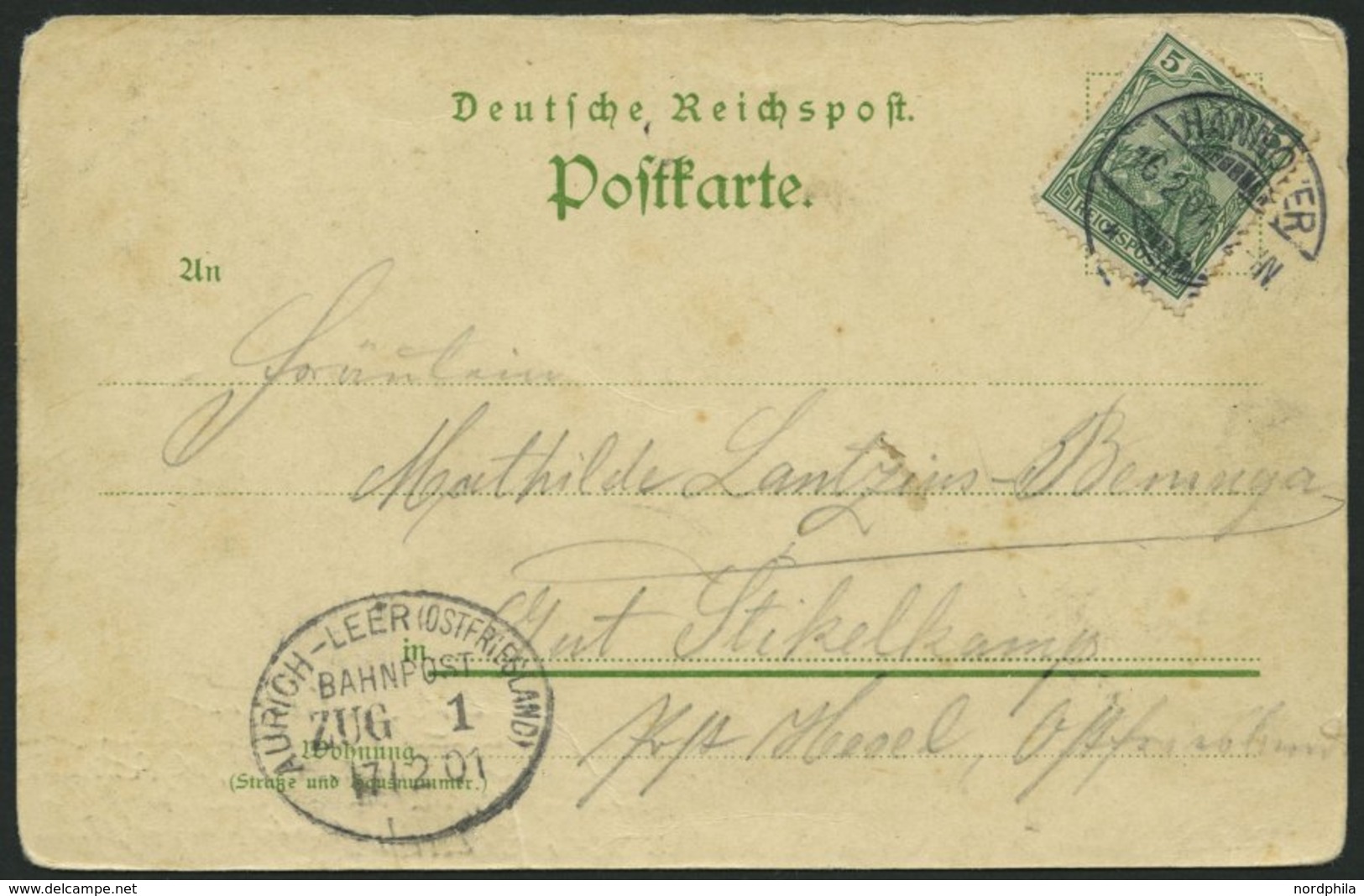 BAHNPOST DR 55 BRIEF, Aurich-Leer (Zug 1) Als Ankunftsstempel Auf Ansichtskarte Mit 5 Pf Reichspost Von 1901, Feinst - Maschinenstempel (EMA)