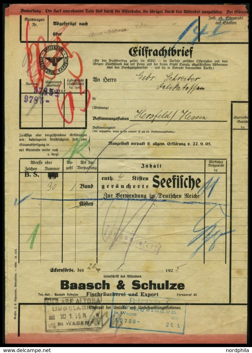 BAHNPOST Eckernförde-Kappeln (Zug 5 Und 7 (2x)), 1892-1933, 6 Karten, Dazu 2 Eilfrachtbriefe Für Geräucherte Seefische,  - Macchine Per Obliterare (EMA)