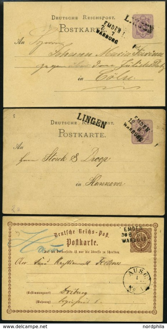BAHNPOST Emden-Warburg, L3, 1877-1879, Auf 4 Ganzsachenkarten Mit 1/2 Gr. Und 3x 5 Pfe., Dabei Eine Nach Wien, Feinst - Maschinenstempel (EMA)