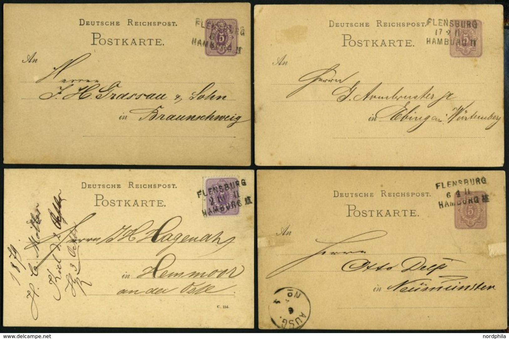 BAHNPOST DR 32 BRIEF, Flensburg-Hamburg, L3, 1877-1880, Auf Drei 5 Pfe. Ganzsachenkarten Und Einer Karte Mit 5 Pfe. Grau - Machines à Affranchir (EMA)