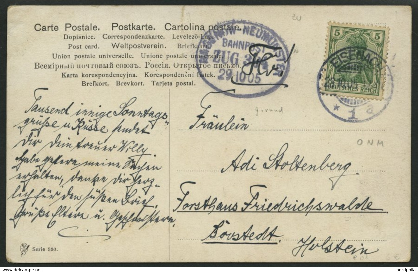 BAHNPOST DR 85 BRIEF, Hagenow-Neumünster (Zug 304) Als Ankunftsstempel Auf Ansichtskarte Mit 5 Pf Germania Von 1905, Fei - Franking Machines (EMA)