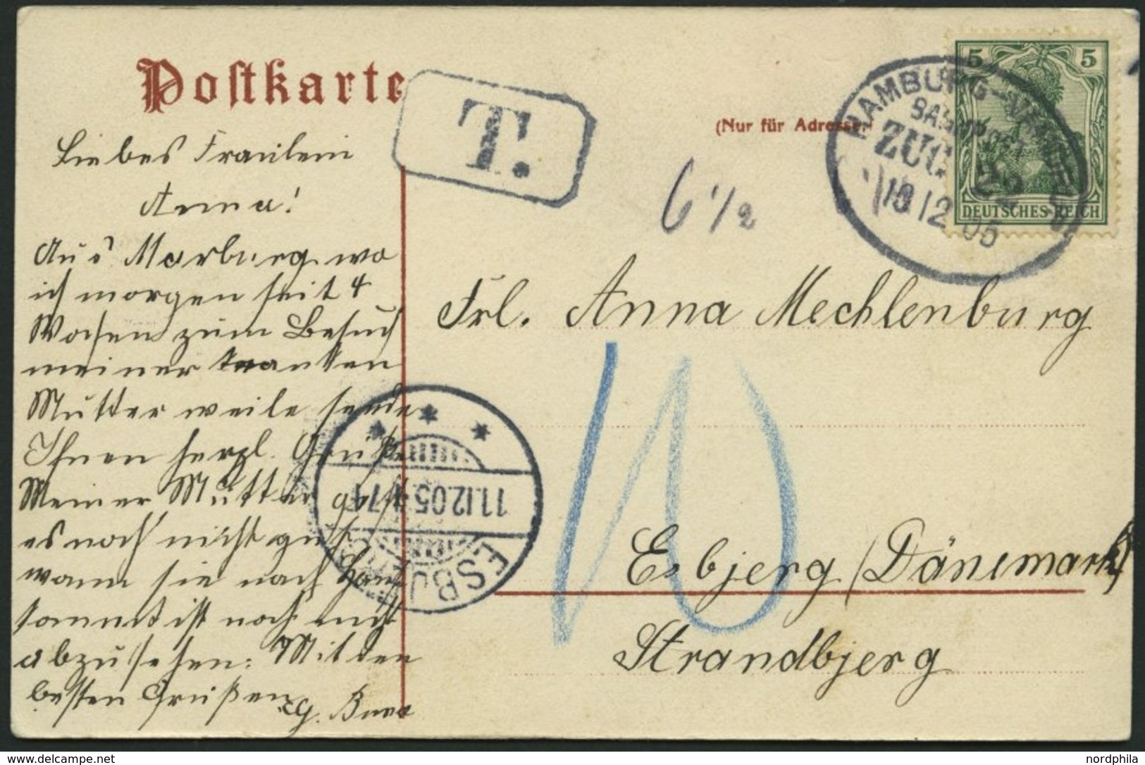 BAHNPOST DR 85 BRIEF, Hamburg-Vandrup (Zug 22) Auf Ansichtskarte (Marburg) Von 1905 Nach Esbjerk/Dänemark Mit 5 Pf. Germ - Maschinenstempel (EMA)