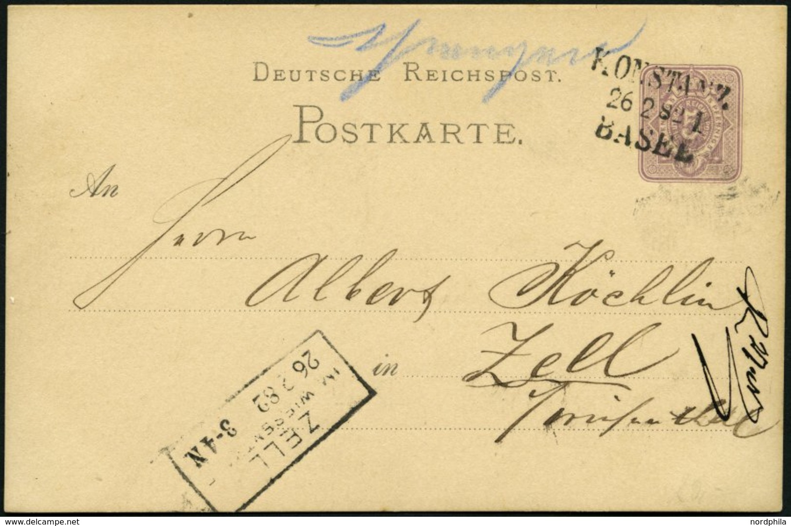 BAHNPOST DR P 10 BRIEF, Konstanz-Basel, L3 Und Handschriftlich SCHLINGEN Auf 5 Pf. Ganzsachenkarte Von 1882, Pracht - Franking Machines (EMA)