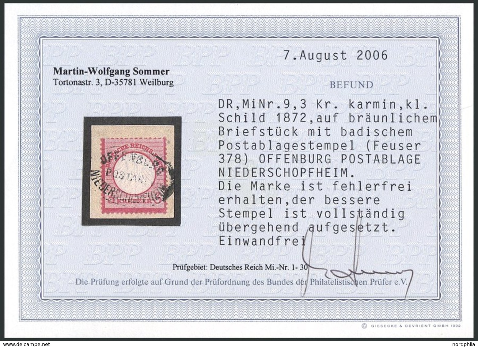 Dt. Reich 9 BrfStk, 1872, 3 Kr. Karmin, Postablagestempel OFFENBURG/NIEDERSCHROPFHEIM, Prachtbriefstück, Fotobefund Somm - Gebraucht