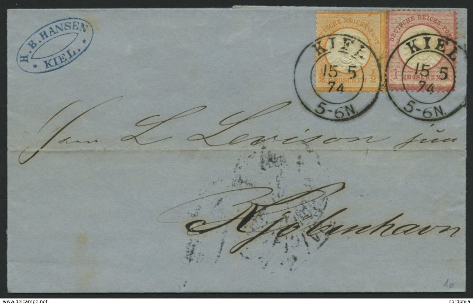 Dt. Reich 18/9 BRIEF, 1874, 1/2 Gr. Orange Und 1 Gr. Rotkarmin Mit K2 KIEL Auf Brief Nach Copenhagen, Marken Normale Zäh - Used Stamps