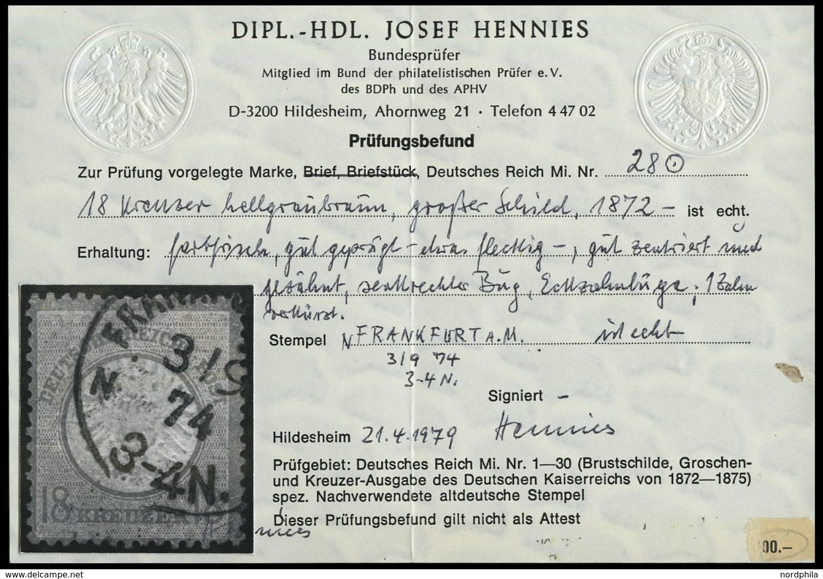 Dt. Reich 28 O, 1872, 18 Kr. Schwärzlichocker, Kleine Mängel, Feinst, Fotobefund Hennies, Mi. 2800.- - Oblitérés