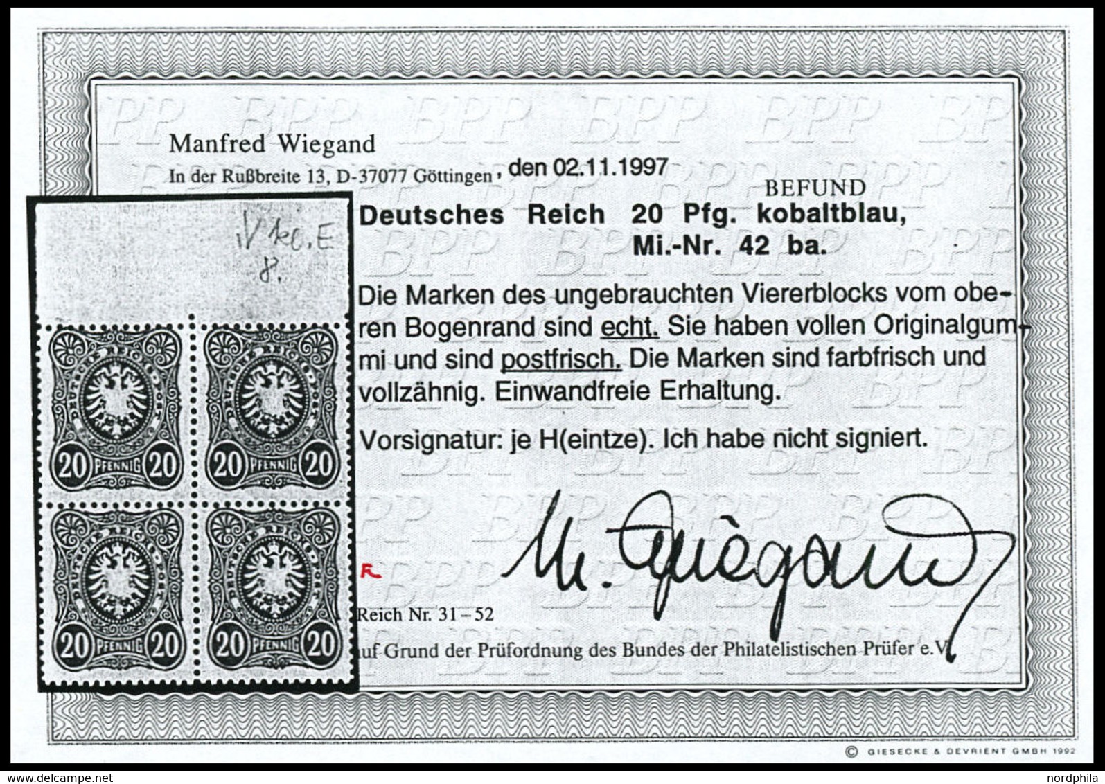 Dt. Reich 42ba **, 1885, 20 Pf. Lebhaftultramarin, Postfrisch, Pracht, Attestkopie Wiegand Eines Ehemaligen Viererblocks - Gebraucht