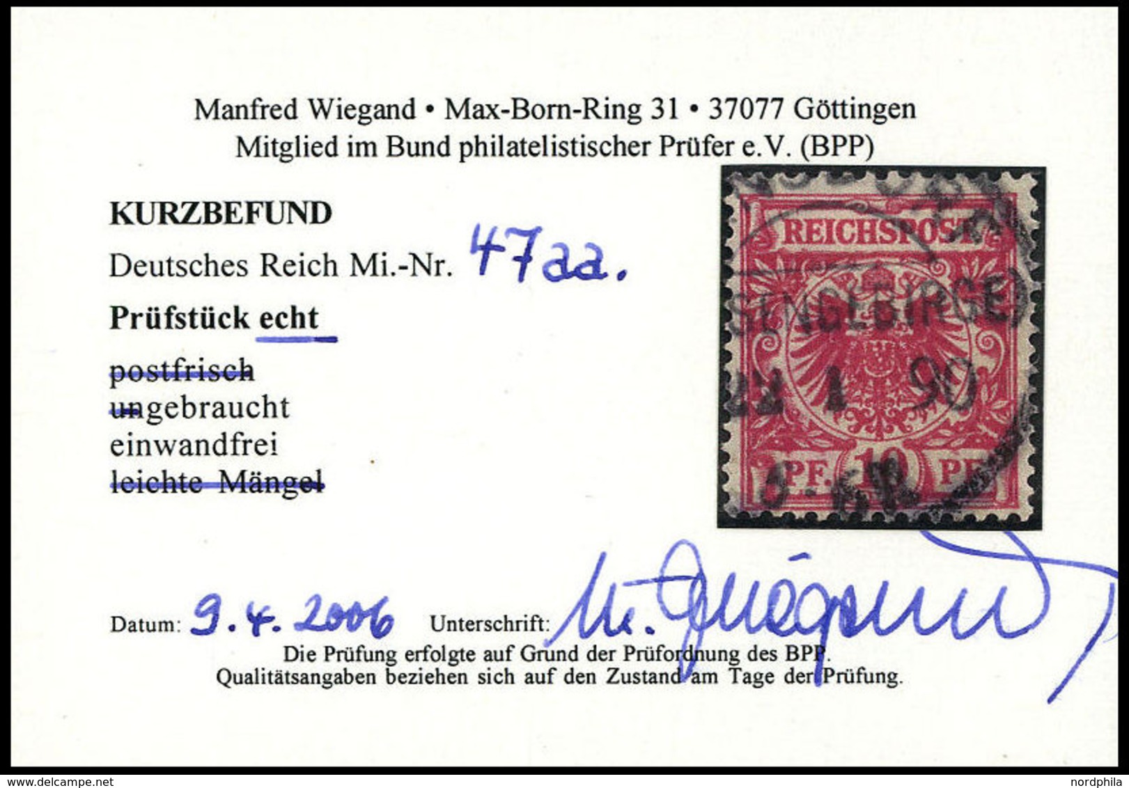 Dt. Reich 47aa O, 1889, 10 Pf. Lilakarmin, Pracht, Kurzbefund Wiegand, Mi. 100.- - Gebraucht