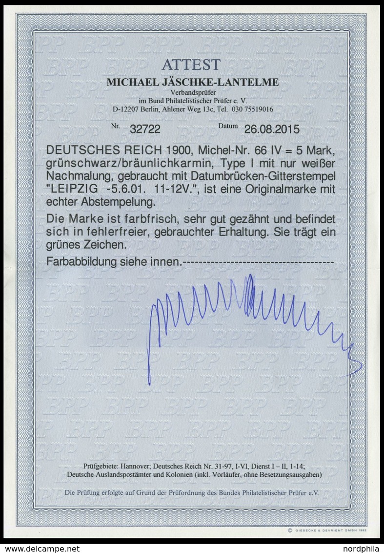 Dt. Reich 66IV O, 1900, 5 M. Reichspost, Type I, Nachmalung Nur Mit Deckweiß, Pracht, Fotoattest Jäschke-L., Mi. 800.- - Altri & Non Classificati