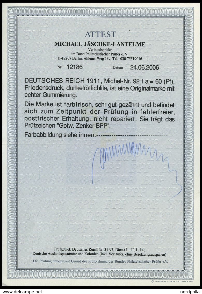 Dt. Reich 92Ia **, 1911, 60 Pf. Graulila Friedensdruck, Postfrisch, Pracht, Gepr. Zenker Und Fotoattest Jäschke-L., Mi.  - Sonstige & Ohne Zuordnung