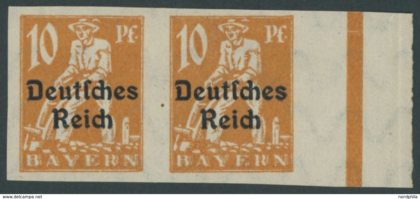 Dt. Reich 120U Paar *, 1920, 10 Pf. Gelblichorange, Ungezähnt, Im Waagerechten Paar Mit Rechtem Rand, Linke Marke Herste - Used Stamps