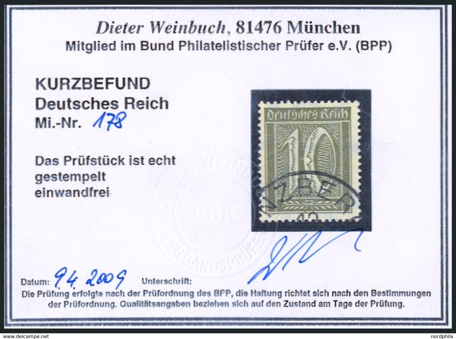 Dt. Reich 178 O, 1922, 10 Pf. Braunoliv, Wz. 2, Pracht, Fotobefund Weinbuch, Mi. 240.- - Gebraucht