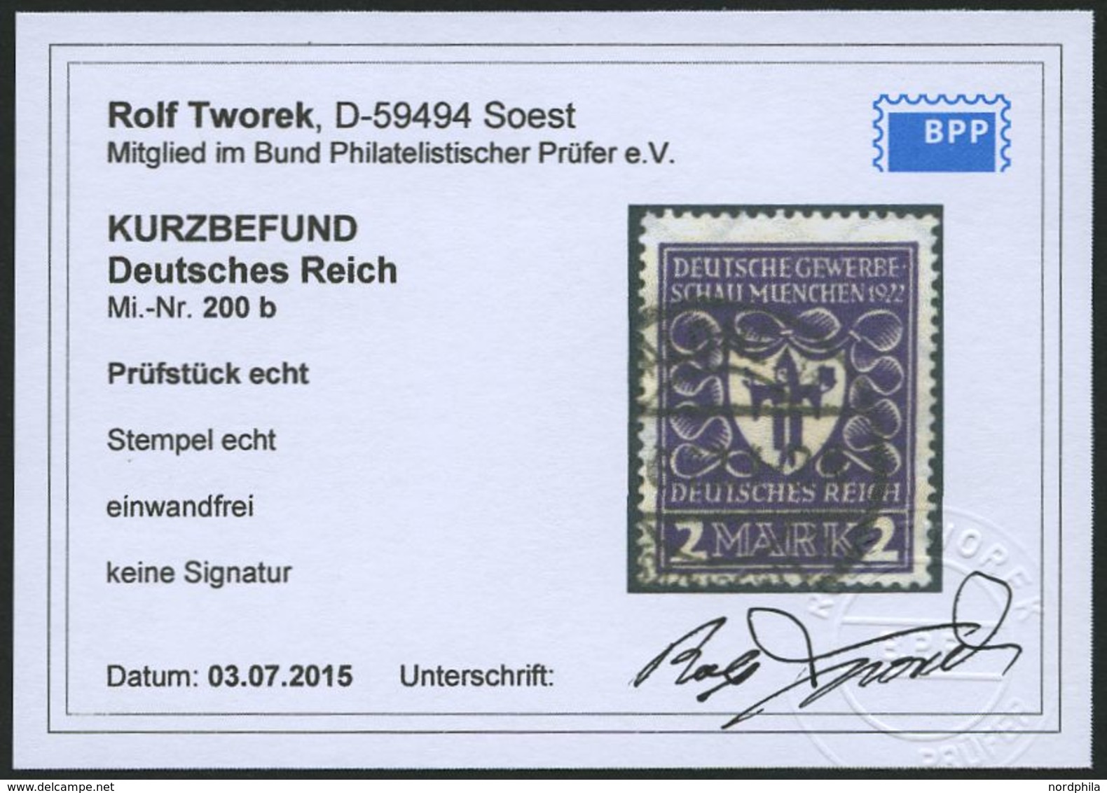 Dt. Reich 200b O, 1922, 2 M. Dunkelpurpurviolett Gewerbeschau, Pracht, Fotobefund Tworek, Mi. 170.- - Used Stamps