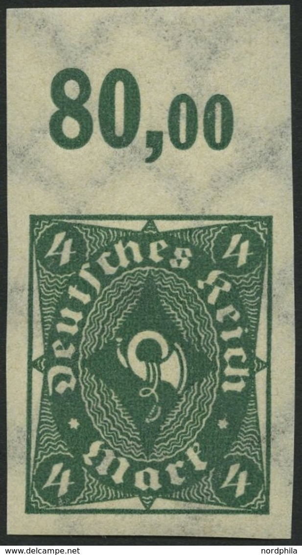 Dt. Reich 226aUPOR **, 1922, 4 M. Dunkelgrün, Ungezähnt, Oberrandstück, Pracht, Mi. -.- - Oblitérés