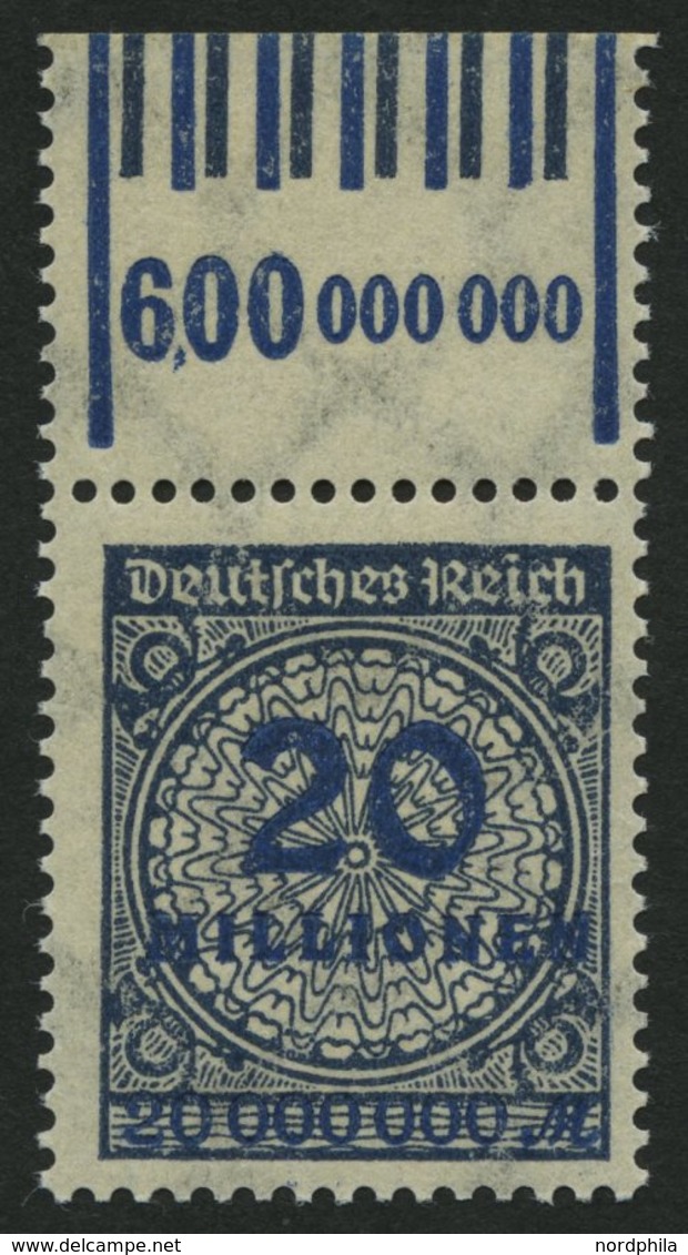 Dt. Reich 319AWbOR **, 1923, 20 Mio. M. Schwarzblau, Walzendruck, Oberrandstück, Pracht, Gepr. Infla, Mi. 140.- - Oblitérés