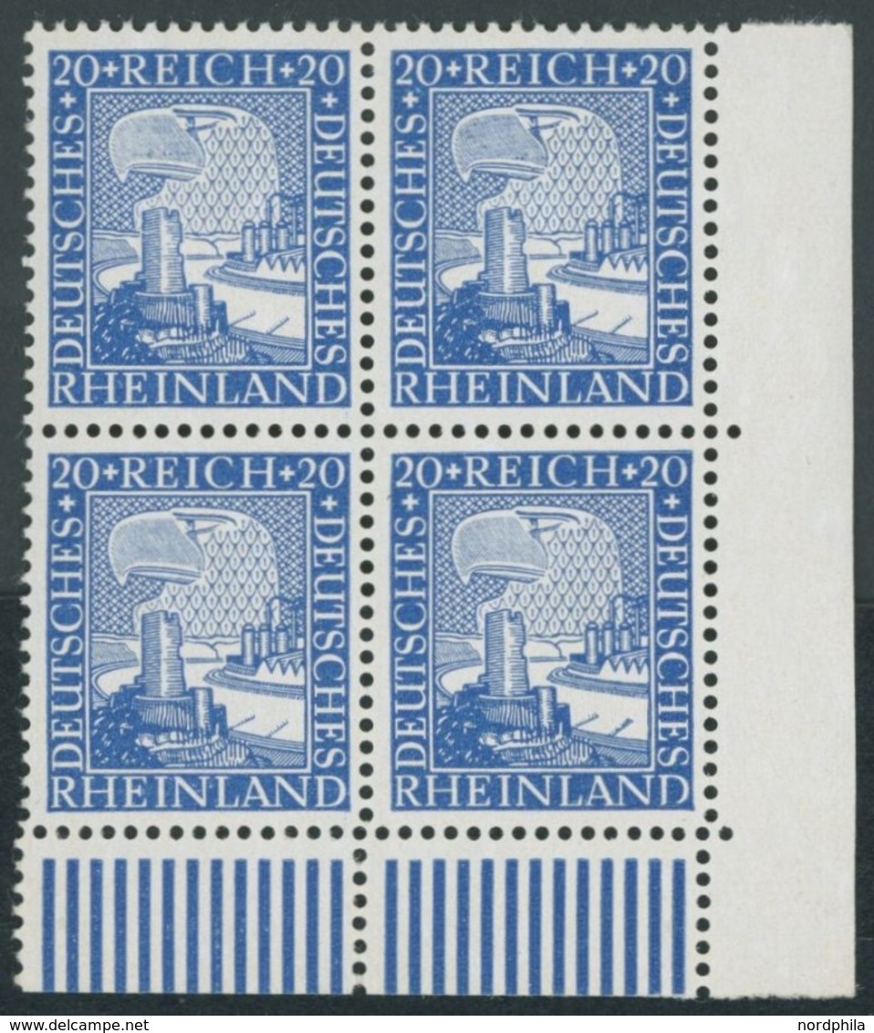 Dt. Reich 374 VB **, 1925, 20 Pf. Rheinland, Walzendruck, Im Rechten Unteren Eckrandviererblock, Postfrisch, Pracht - Oblitérés