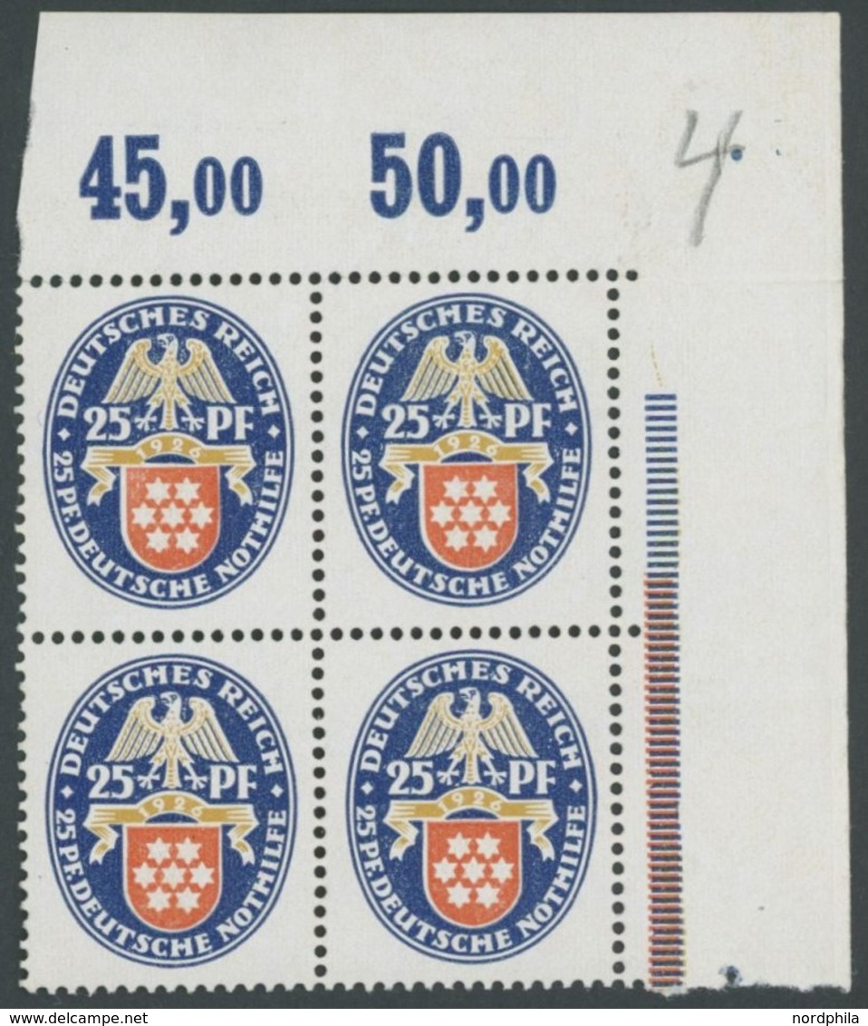 Dt. Reich 400 VB **, 1926, 25 Pf. Nothilfe Im Viererblock Aus Der Rechten Oberen Bogenecke, Postfrisch, Pracht, Mi. (160 - Used Stamps
