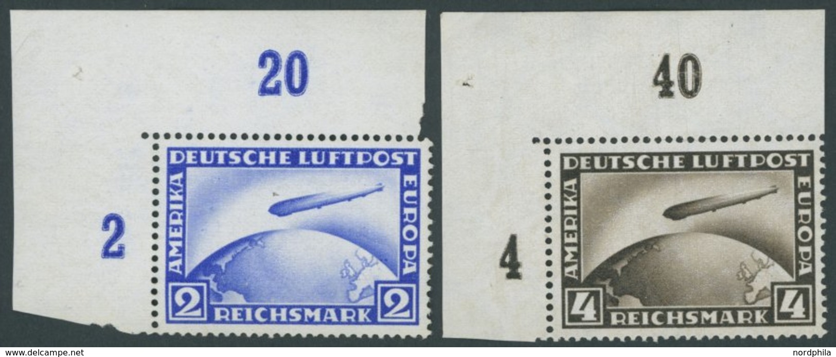 Dt. Reich 423/4 **, 1928, Graf Zeppelin In Linken Oberen Bogenecken, Falzreste Im Oberrand, Marken Postfrisch, Feinst (G - Used Stamps