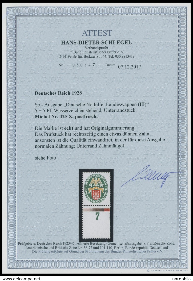 Dt. Reich 425X **, 1928, 5 Pf. Nothilfe, Wz. Stehend, Unterrandstück, Postfrisch, Rechts Ein Heller Zahn, Ansonsten Ist  - Gebraucht