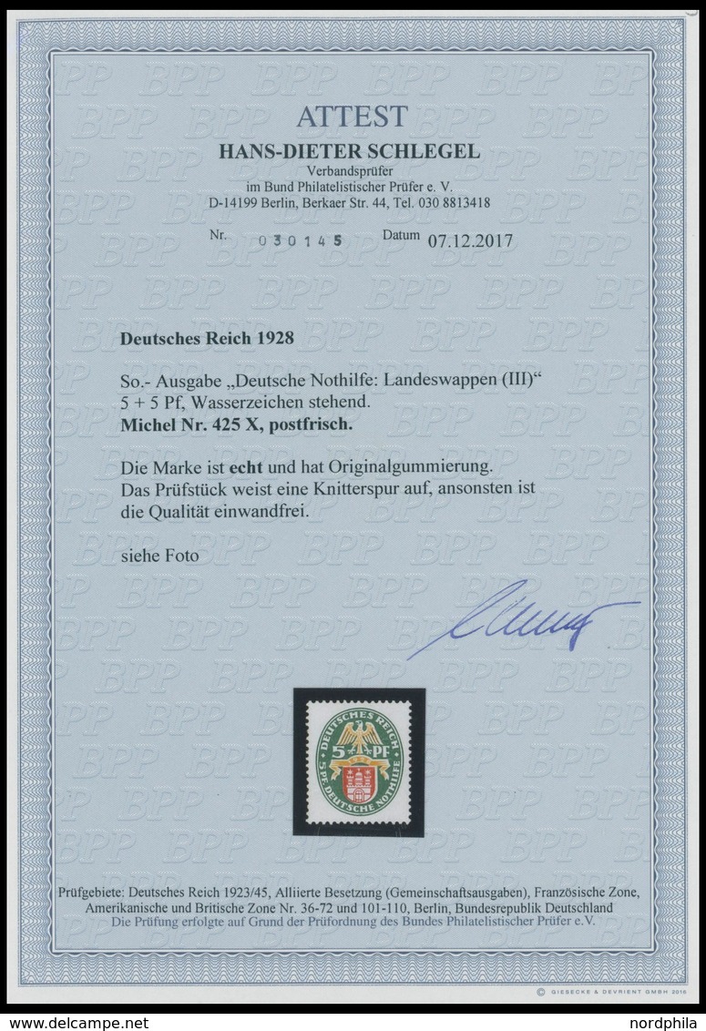 Dt. Reich 425X **, 1928, 5 Pf. Nothilfe, Wz. Stehend, Leichte, Wohl Herstellungsbedingte Knitterspur Sonst Postfrisch Pr - Usati