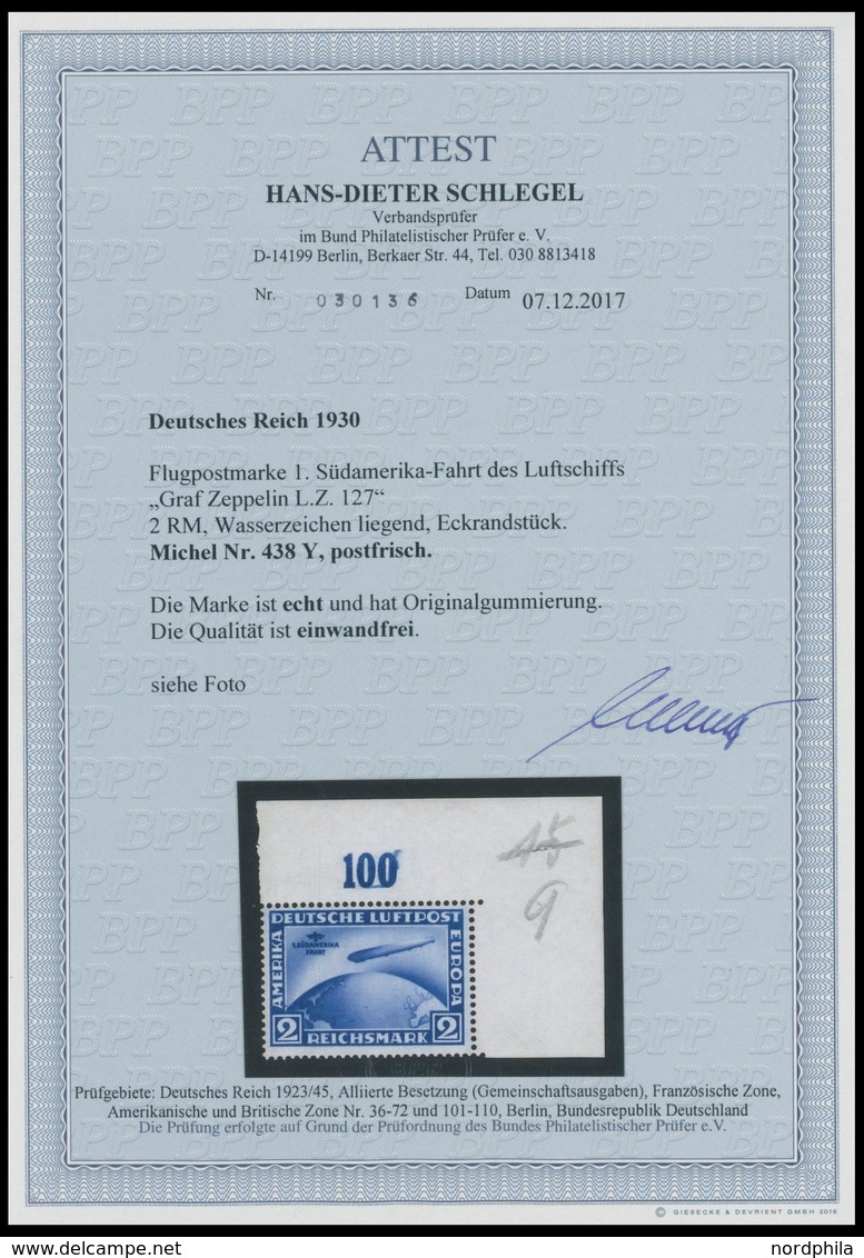 Dt. Reich 438Y **, 1930, 2 M. Südamerikafahrt, Wz. Liegend, Rechte Obere Bogendecke, Postfrisch, Pracht, Unsigniert, Fot - Used Stamps