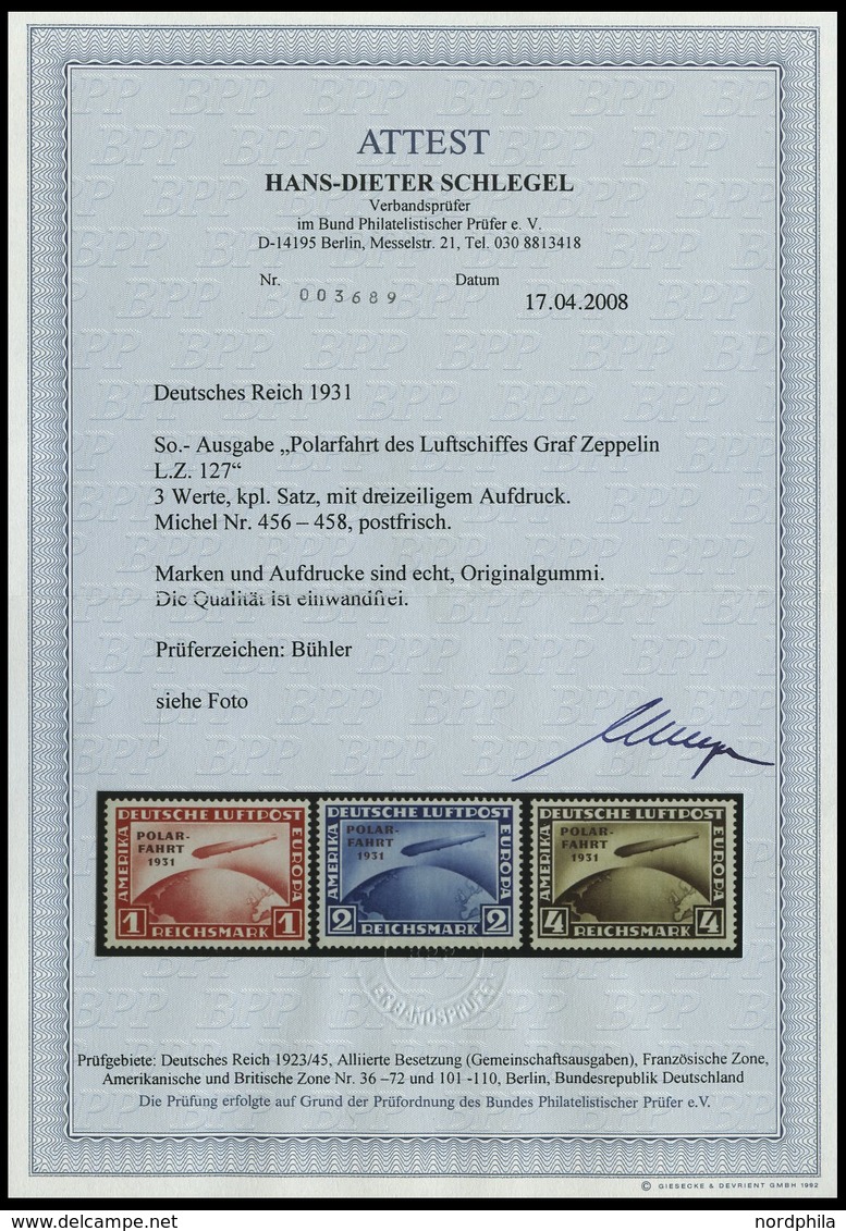 Dt. Reich 456-58 **, 1931, Polarfahrt, Postfrischer Prachtsatz, Gepr. Bühler Und Fotoattest H.D. Schlegel, Mi. 4000.- - Used Stamps