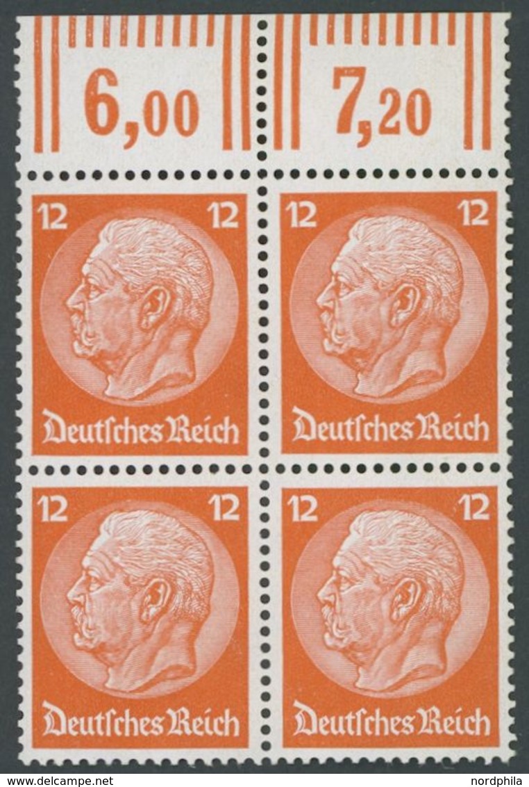 Dt. Reich 469WOR VB **, 1932, 12 Pf. Hindenburg, Walzendruck, Im Viererblock Vom Oberrand, Postfrisch, Pracht, Mi. 148.- - Usati