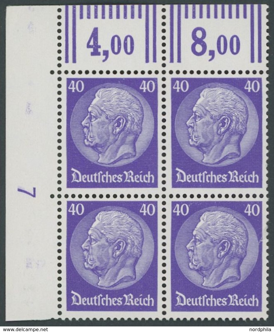 Dt. Reich 472WOR VB **, 1932, 40 Pf. Hindenburg, Walzendruck, Im Linken Oberen Eckrandviererblock, Postfrisch, Pracht, R - Gebraucht