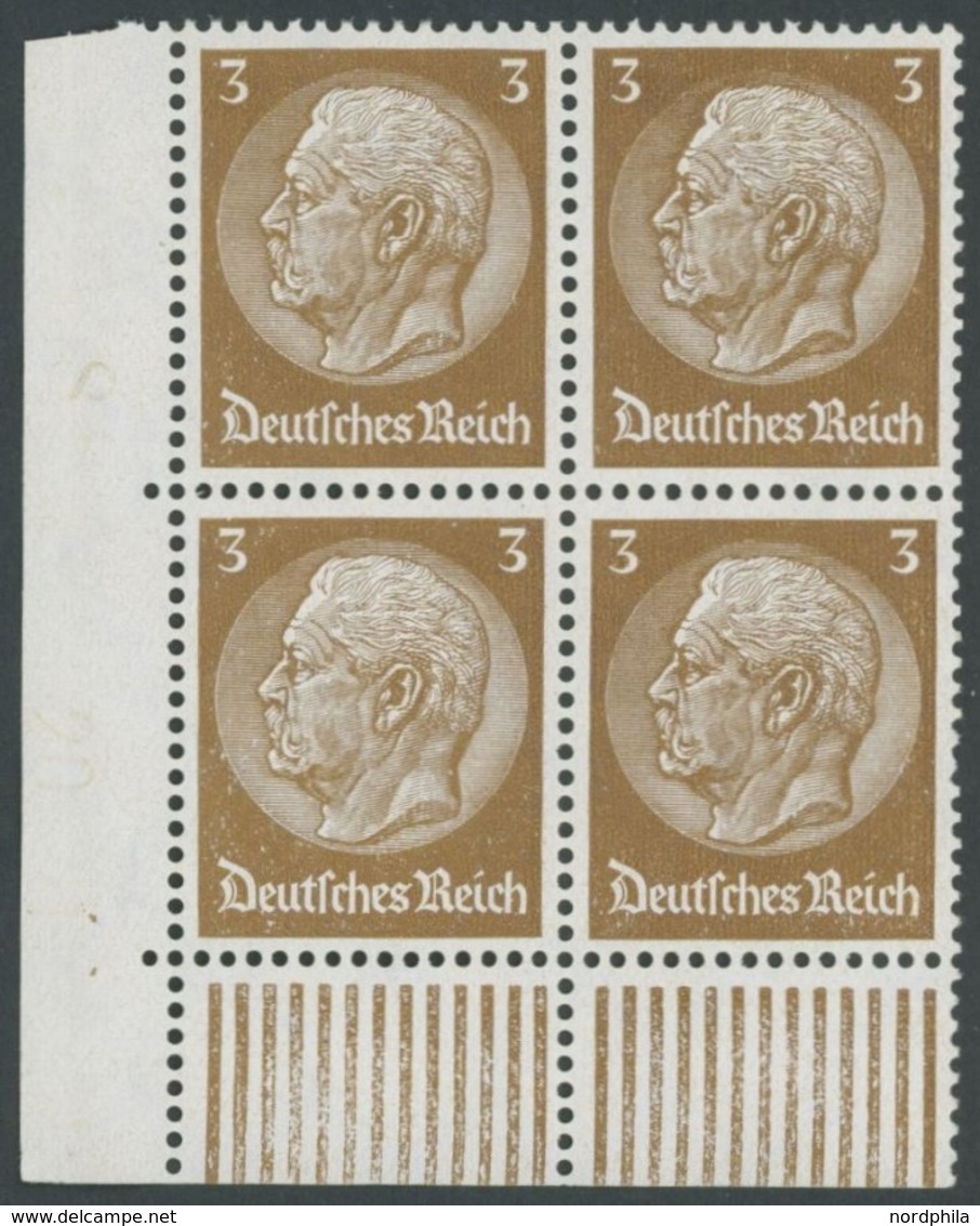 Dt. Reich 482 VB **, 1933, 3 Pf. Hindenburg, Wz. 2, Im Linken Unteren Eckrandviererblock, Postfrisch, Pracht, Mi. (480.- - Sonstige & Ohne Zuordnung