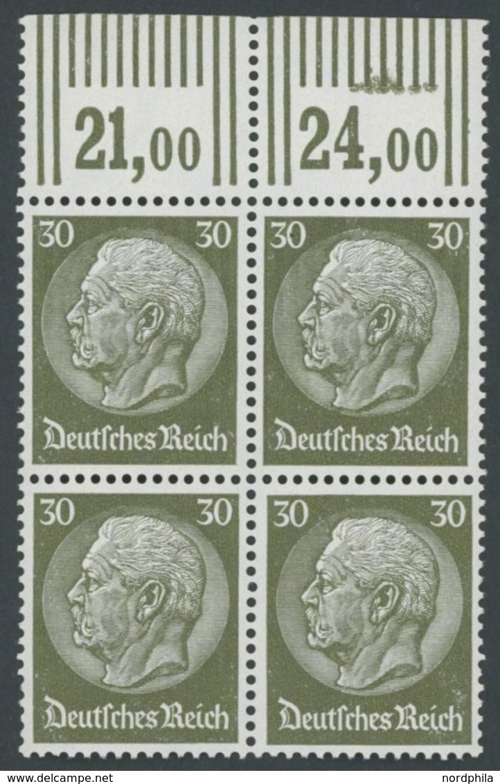 Dt. Reich 490WOR VB **, 1933, 30 Pf. Hindenburg, Wz. 2, Walzendruck, Im Oberrandviererblock, Postfrisch, Pracht - Sonstige & Ohne Zuordnung