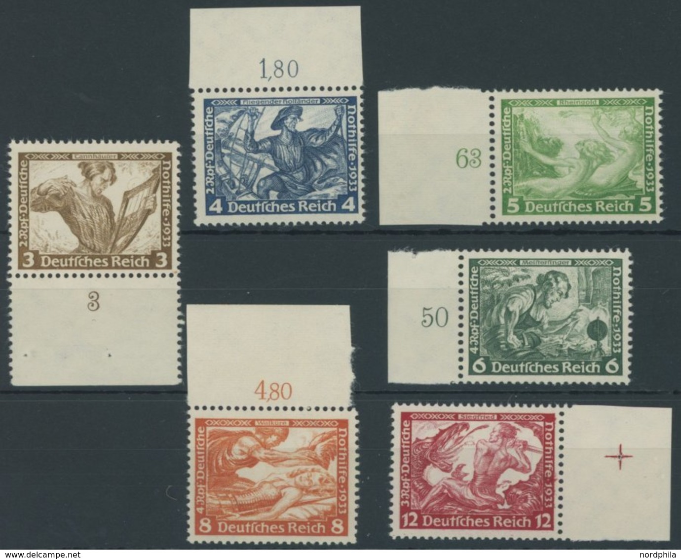 Dt. Reich 499-504A **, 1933, 3 - 12 Pf. Wagner, Gezähnt A, Randstücke, Postfrisch, 6 Prachtwerte, Mi. 180.- - Autres & Non Classés