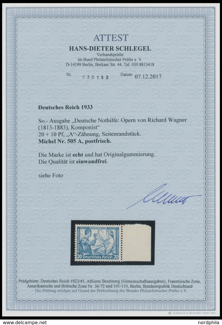 Dt. Reich 505A **, 1933, 20 Pf. Wagner, Gezähnt K 14:13, Rechtes Seitenrandstück, Postfrisch, Pracht, Unsigniert, Fotoat - Other & Unclassified
