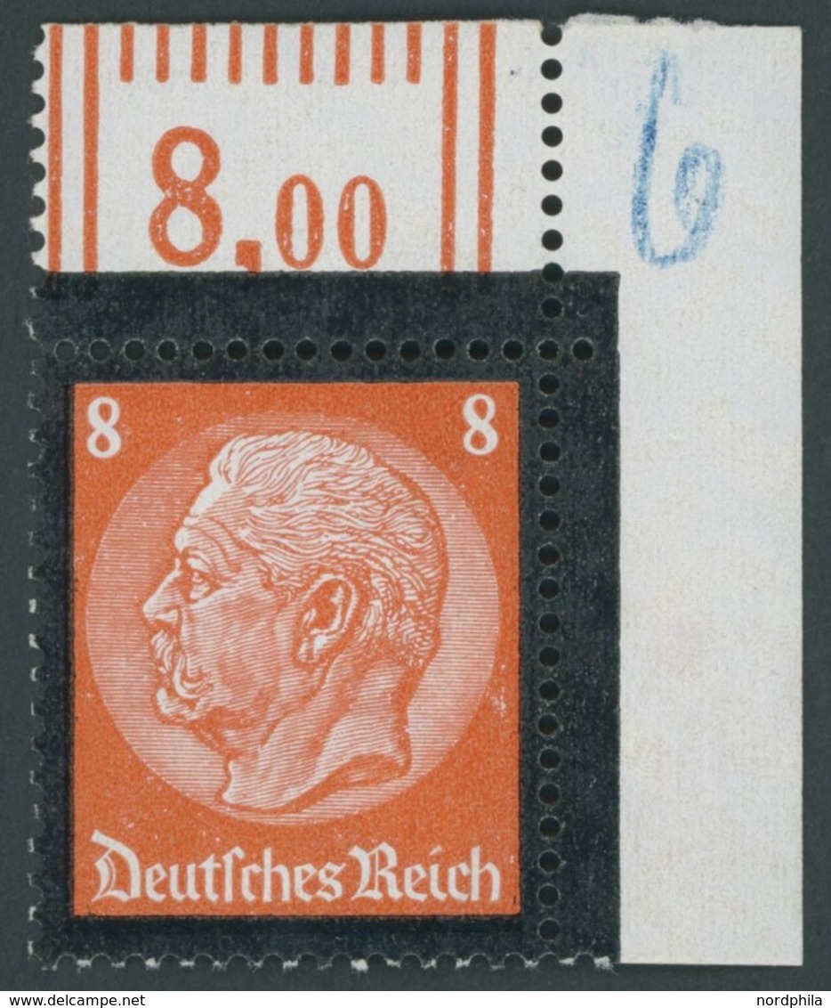 Dt. Reich 551WOR **, 1934, 8 Pf. Hindenburg-Trauer, Walzendruck, Oberer Rechte Bogenecke, Pracht - Sonstige & Ohne Zuordnung