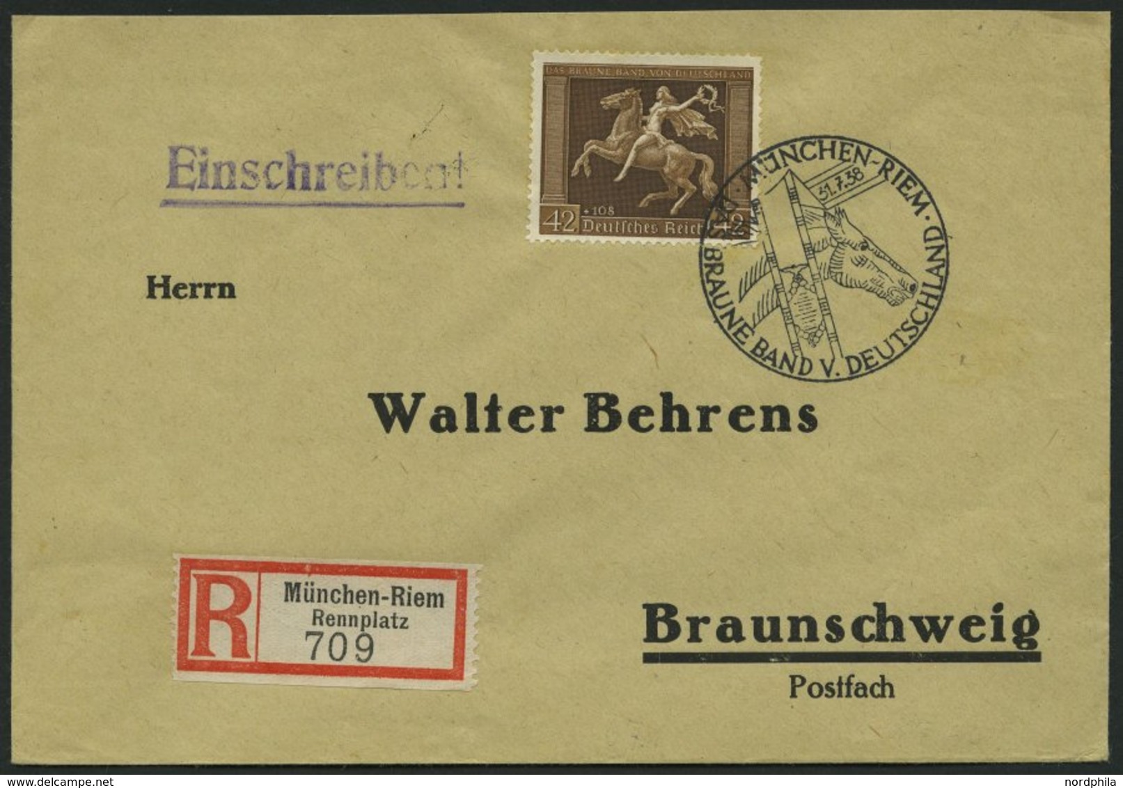 Dt. Reich 671 BRIEF, 1938, 42 Pf. Braunes Band, Einzelfrankatur Auf Einschreibbrief Nach Braunschweig, Pracht, Mi. 85.- - Autres & Non Classés