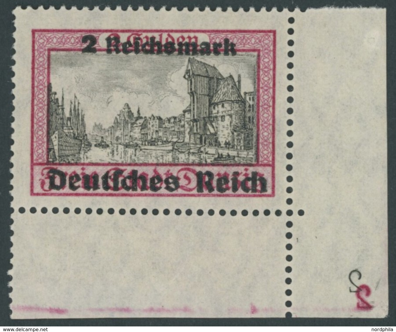 Dt. Reich 729 **, 1939, 2 RM Danzig, Untere Rechte Bogenecke Mit 2 Spiegelverkehrten Platten-Nummern 2, Normale Zähnung, - Autres & Non Classés